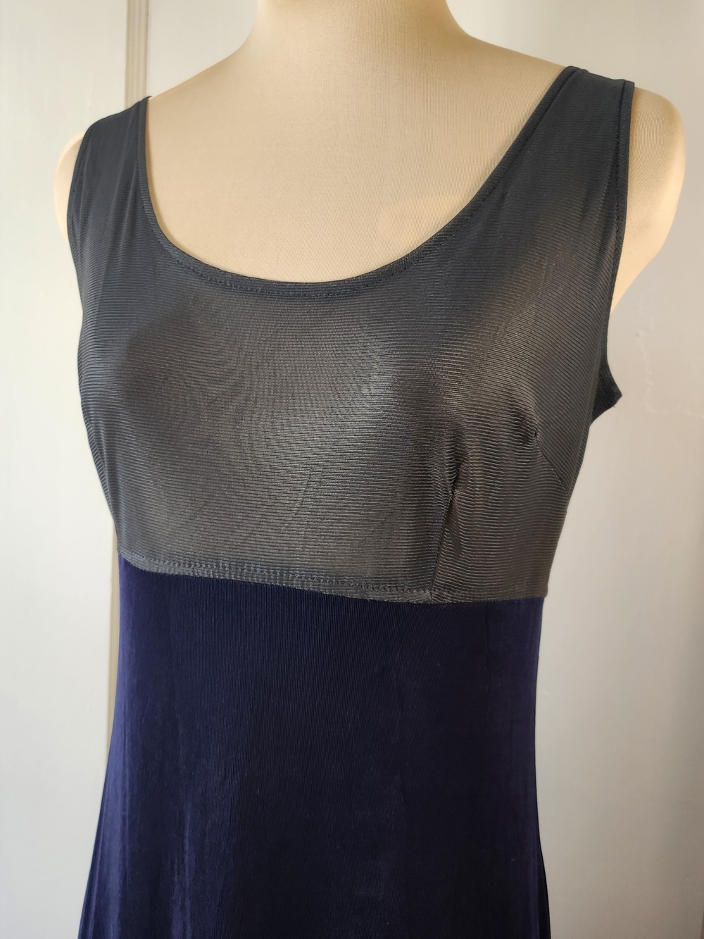 Vtg 90s Sheer Empire Waist Navy and Charcoal Sleeveless Maxi Dress